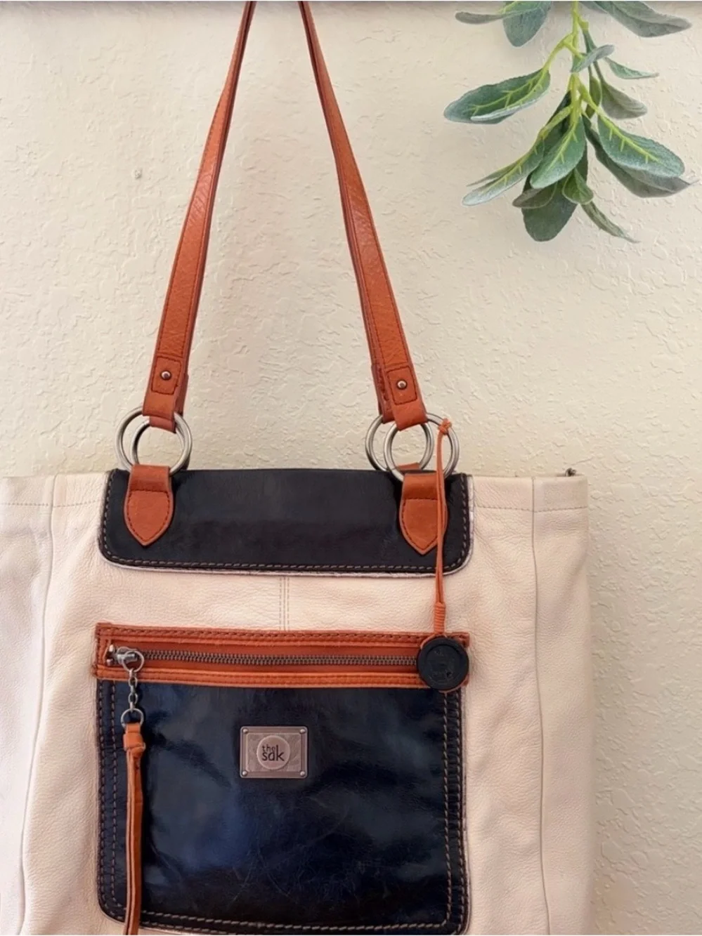 The‎ Sak Colorblock Leather Tote Shoulder Bag Cream Brown Navy Work